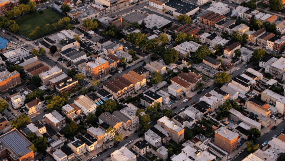 An overhead photo of buildings.
