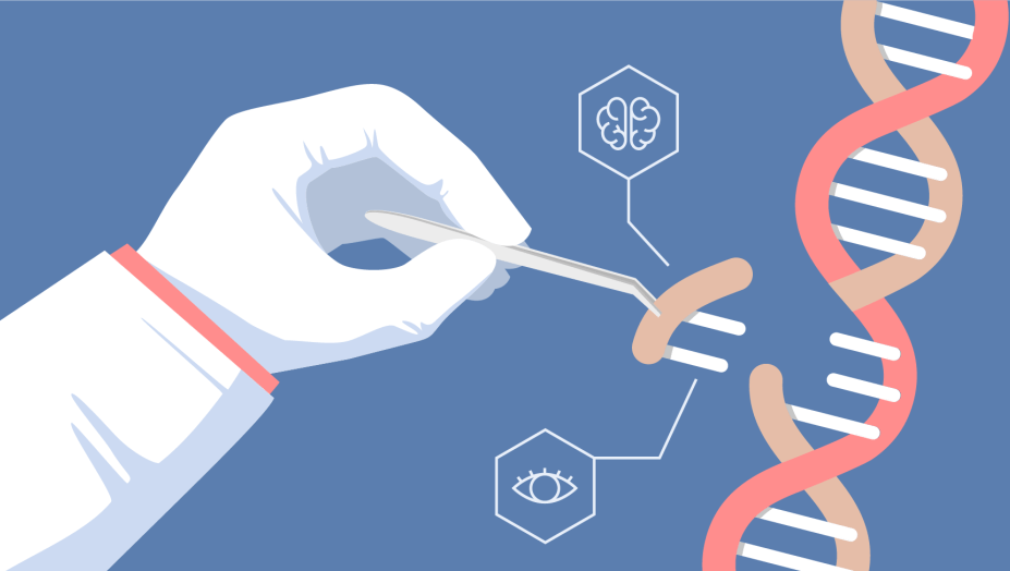 An illustration of a gloved scientist grabbing a piece of DNA from a double helix.