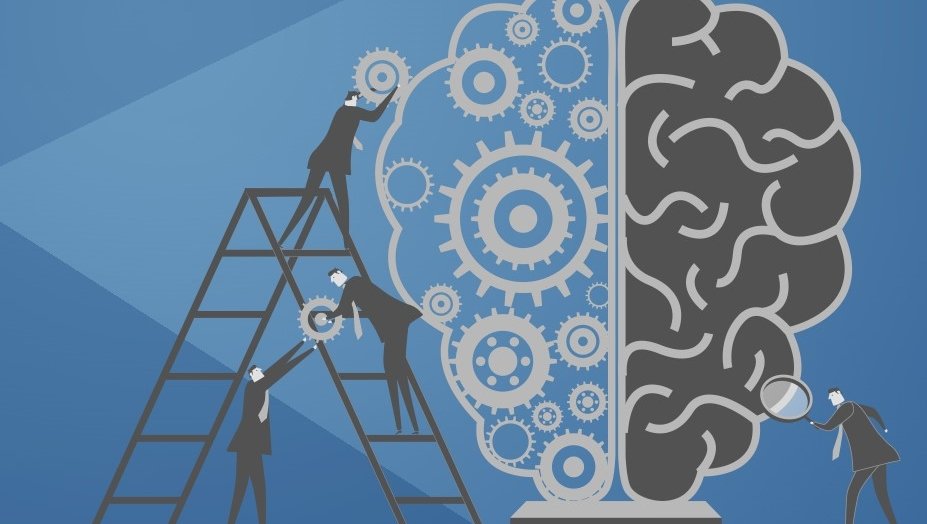 Illustration of a brain with gears on one half.