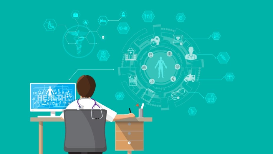 An illustration of a person sitting at a desk on a teal background