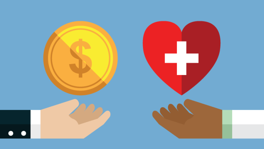 An illustration of two hands, one holding a coin and the other holding a heart on a blue background.