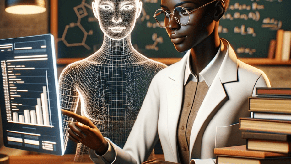 digital image of women looking at screen, with a digital shadow looking over her shoulder.