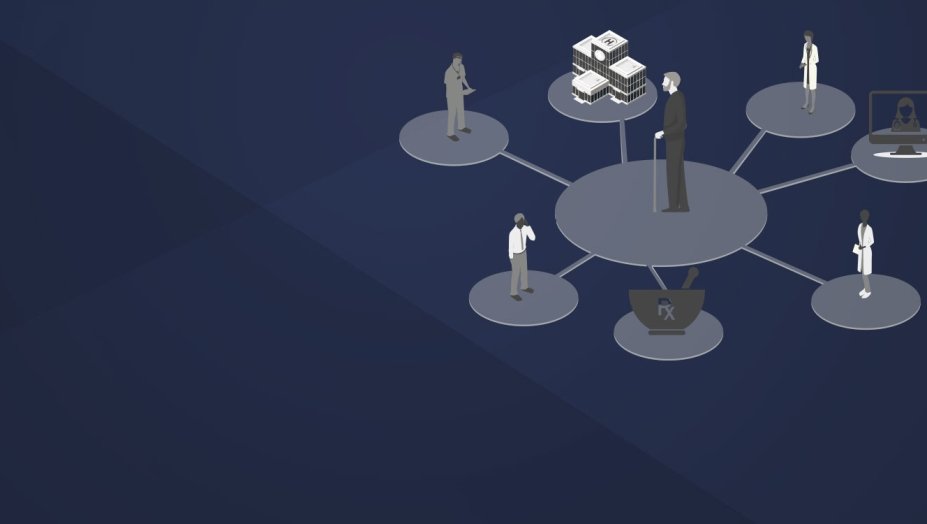An illustration of a web of platforms with different icons on each of them with a dark blue background.