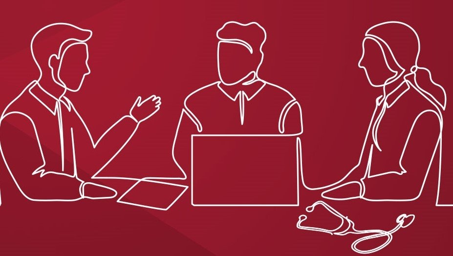 Line drawing of three people talking around a computer.