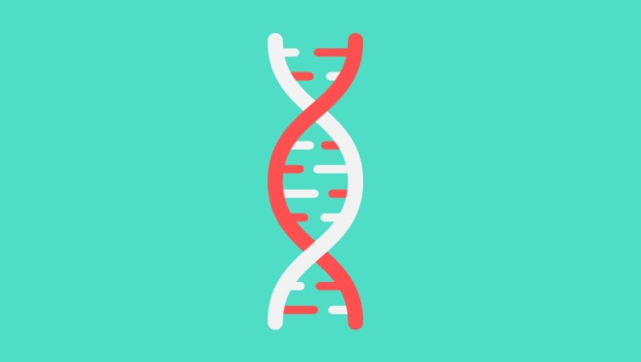 An illustration of a DNA helix on a teal background.