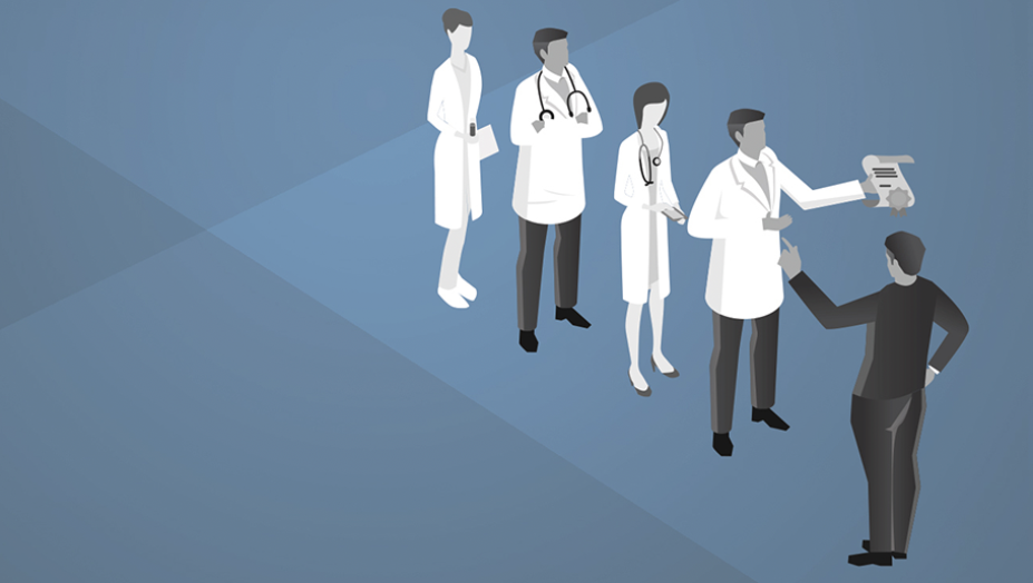 A man communicates with a line of medical professionals.