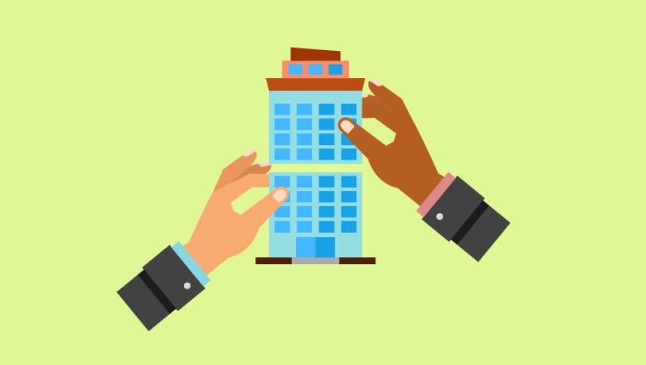 An illustration of two hands putting a building together on a lime green background.