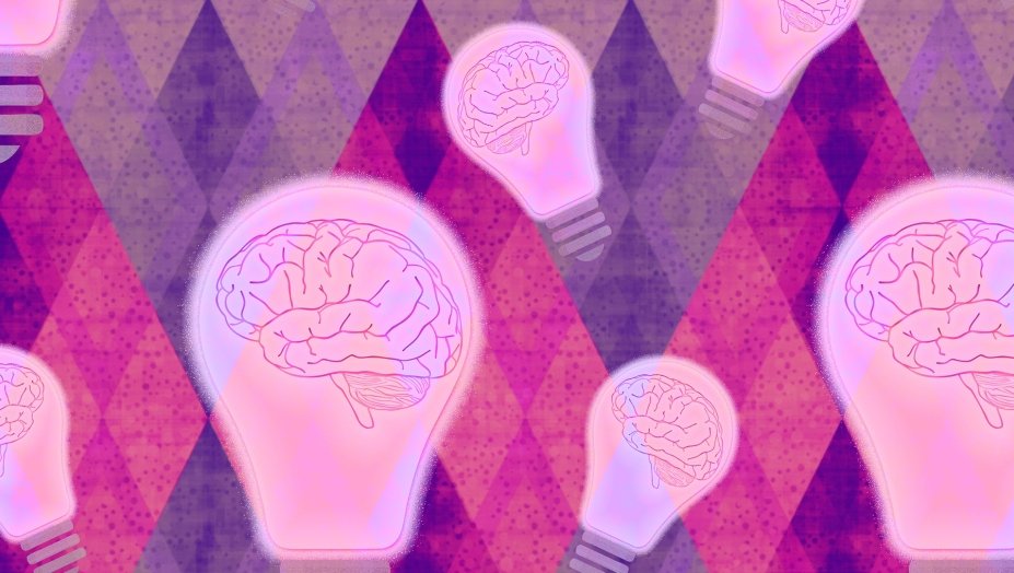 An illustration of brains in pink lightbulbs on a pink argyle background.