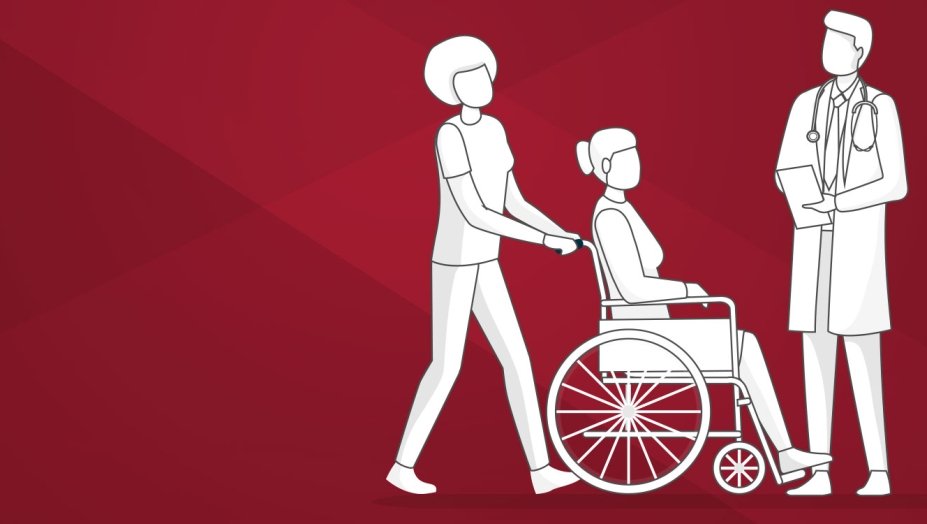 An illustration of a person wheeling another person and a health care provider nearby on a red background.
