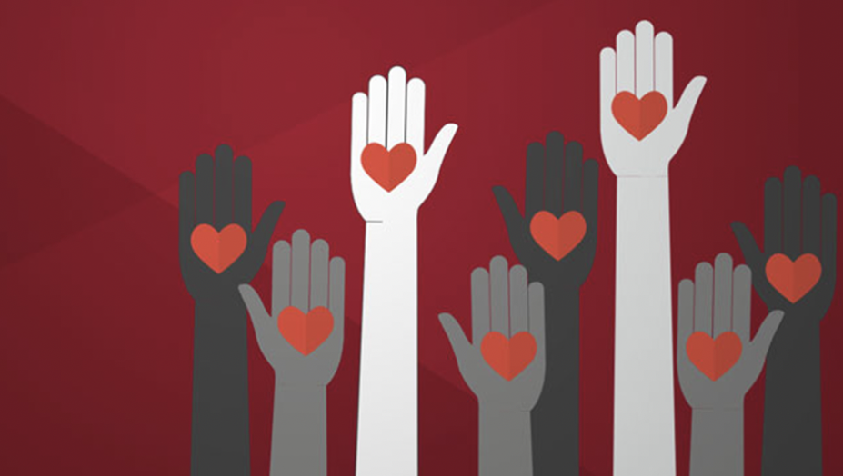 Eight raised hands, each with a heart symbol in the center of the palm.