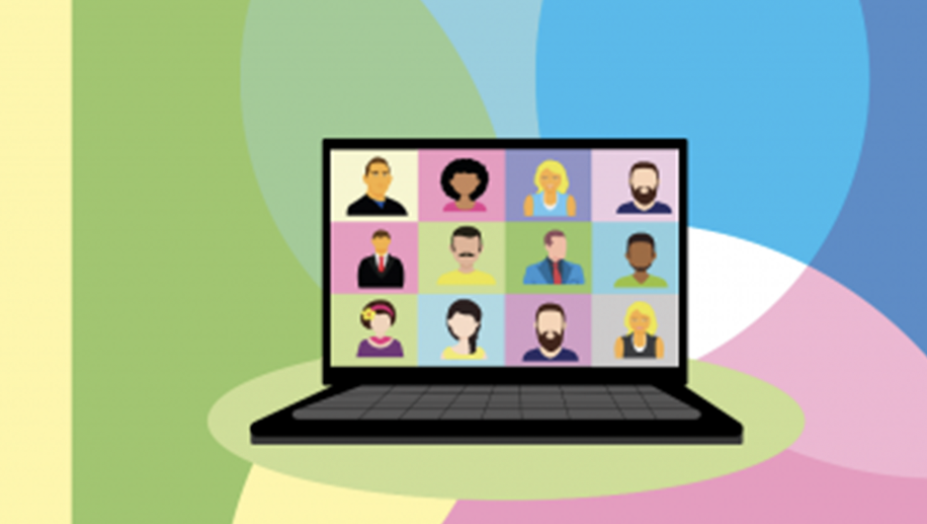An illustration showing multiple people displayed on a computer in squares, resembling a Zoom call.