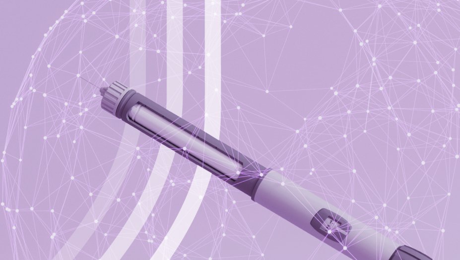A GLP-1 injection with a purple filter over it.