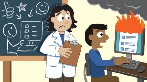 An illustration of a boy taking a survey that is malfunctioning.