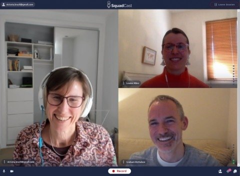 Three people in a zoom room.