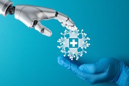robot hand giving doctor's hand white medical technology icon 