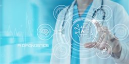Doctor in background with hand touching virtual AI screen with health-related icons