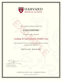 An example certificate for the Leading AI Innovation in Health Care program.