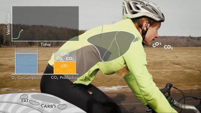 Still from an HMX course featuring a woman riding a bike demonstrating her oxygen levels.
